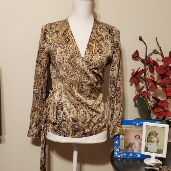 Talbots 100% Silk Brown Paisley Wrap Top - Picture 2 of 11